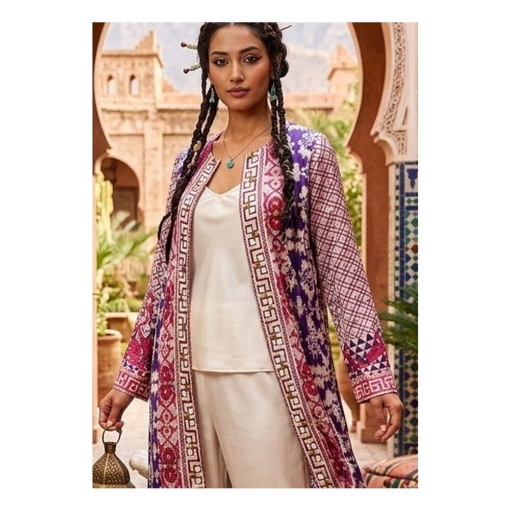 Chinyere Silk Open Front Cardigan/Jacket/Kurta with Natural Stones and Beads